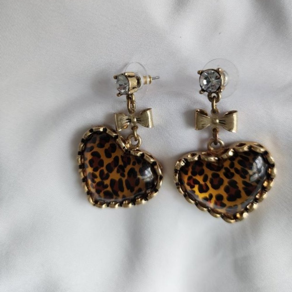 BETSEY JOHNSON LEOPARD PIERCED DROP EARRINGS WITH GOLD BOWS